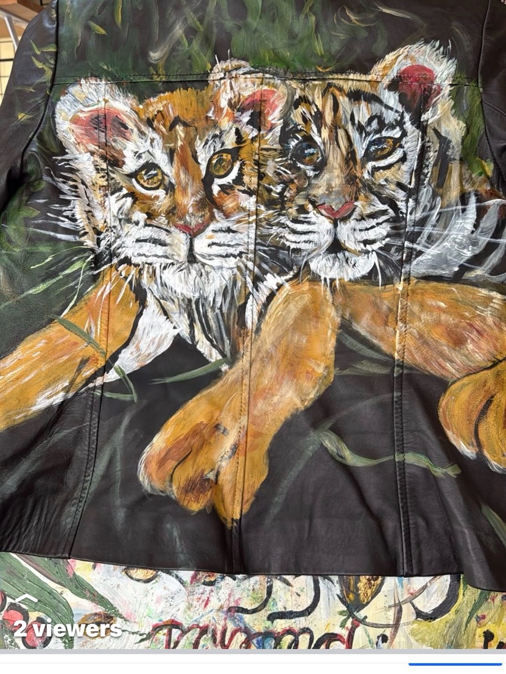 Hand-Painted Leather Jacket with Tiger Cub Artwork